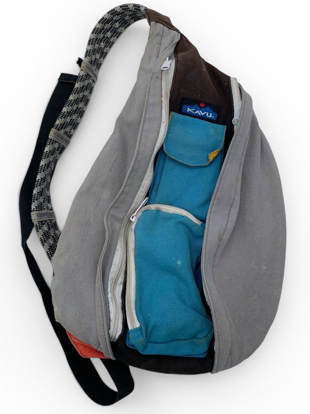 Kavu Teal Gray Brown Canvas Sling Backpack